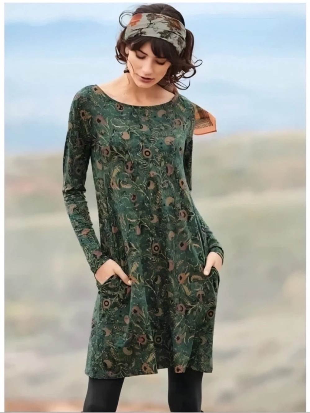 Peruvian Connection L Green Orla Jersey Knit Dress Boho Pima Model Cotten Boho